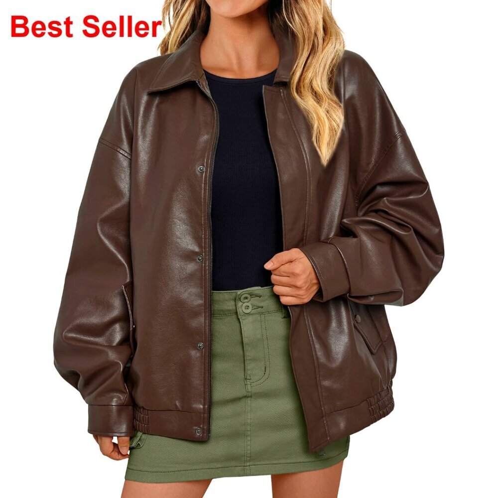 Oversized PU Leather Motorcycle Jacket, Zip Up Biker Blazer